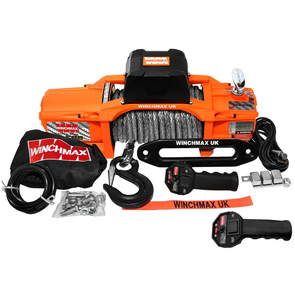 13,500LB (6,123KG) 'SL SERIES' ORIGINAL ORANGE 12V ELECTRIC WINCH. 28M X 11MM DYNEEMA ROPE, REMOTE CONTROLS