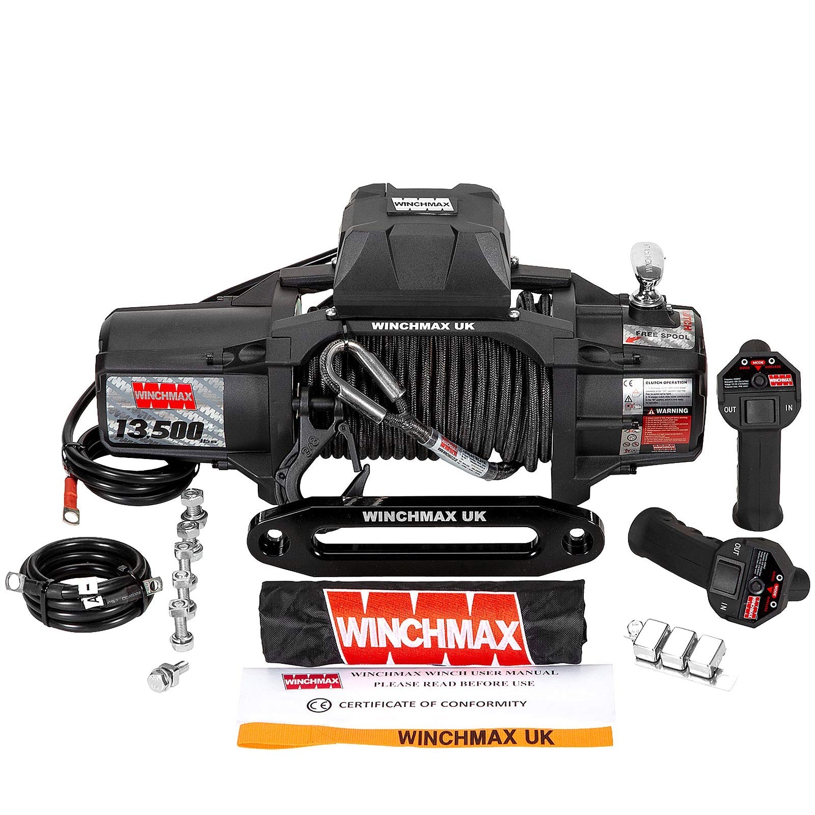 13,500LB (6,123KG) 'SL SERIES' 12V MILITARY GRADE WINCH. 25M X 10MM ARMOURLINE ROPE, TWIN REMOTE CONTROLS.